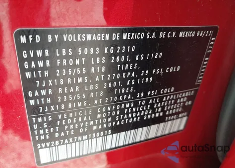 2022 Volkswagen Tiguan 2.0T Se из США, поврежденный, VIN 3VV2B7AX7NM130015